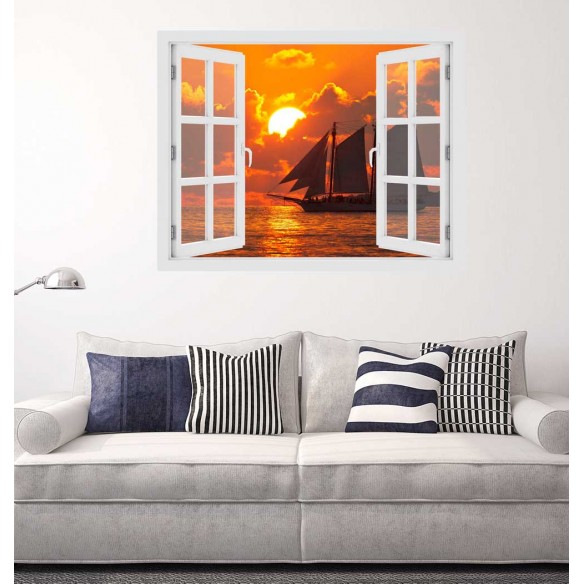 Fereastra cu efect 3D - Sunset boat sailing - 119x93 cm