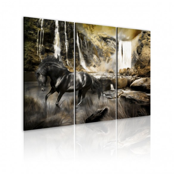 Tablou  Black horse and rocky waterfall