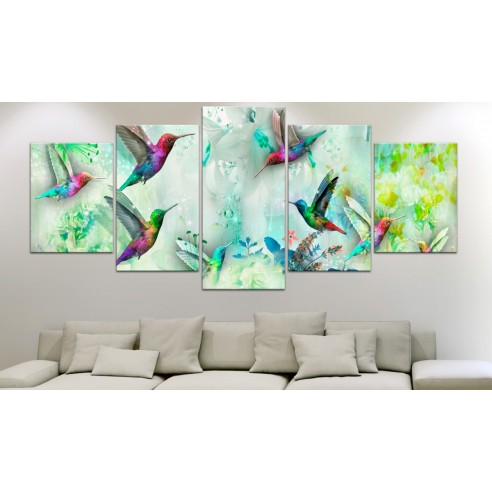 Tablou  Colourful Hummingbirds (5 Parts) Wide Green
