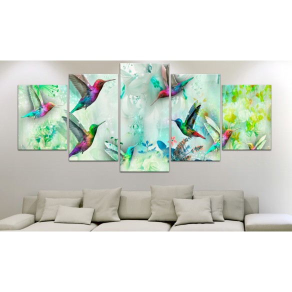 Tablou  Colourful Hummingbirds (5 Parts) Wide Green