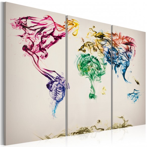 Tablou  The World map  colored smoke trails  triptych