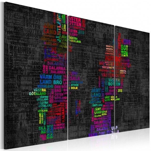 Tablou  Map of Sweden (colored names of cities)  triptych