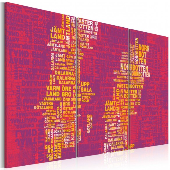 Tablou  Text map of Sweden (pink background)  triptych