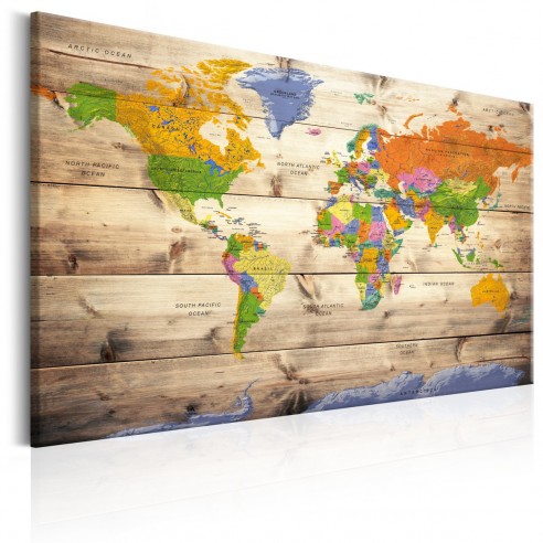 Tablou  Map on wood Colourful Travels