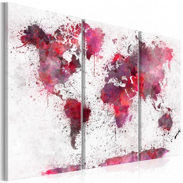 Tablou  World Map Red Watercolors (3 Parts)