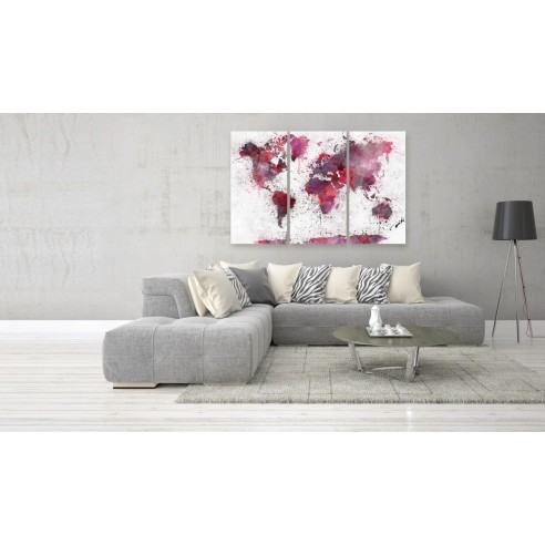 Tablou  World Map Red Watercolors (3 Parts)