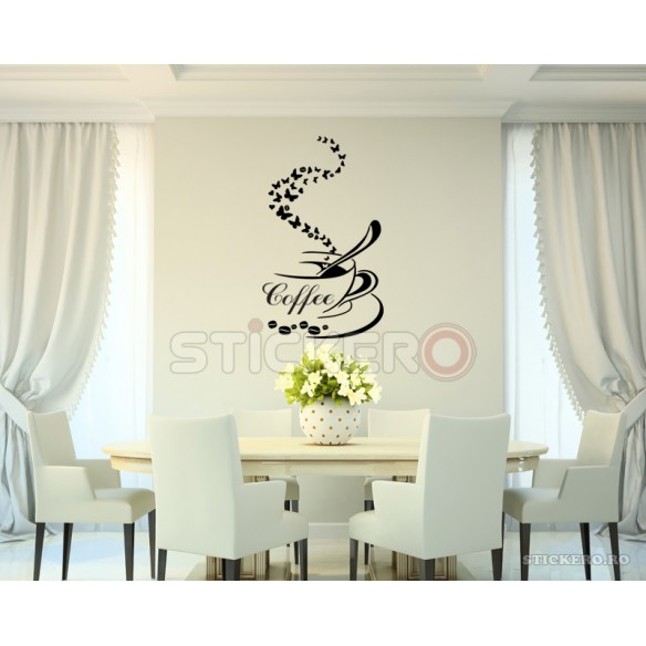 Sticker pentru bucatarie Cescuta de cafea cu fluturi, 60x100 cm