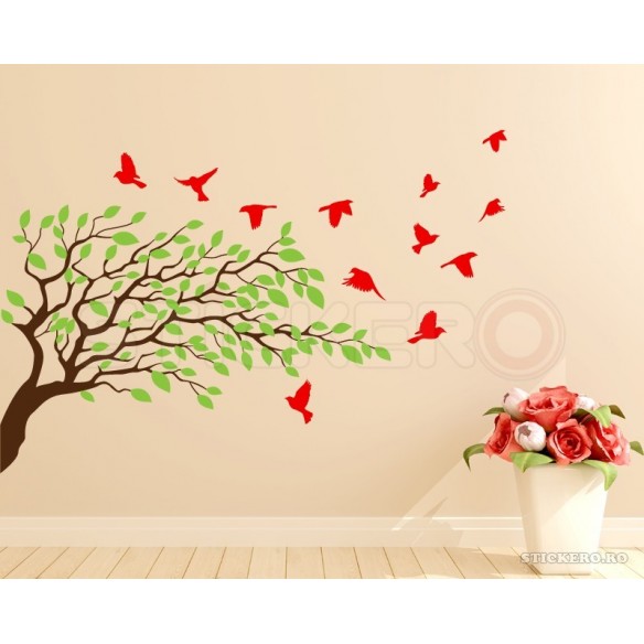 Crenguta infrunzita cu pasarele - sticker decorativ