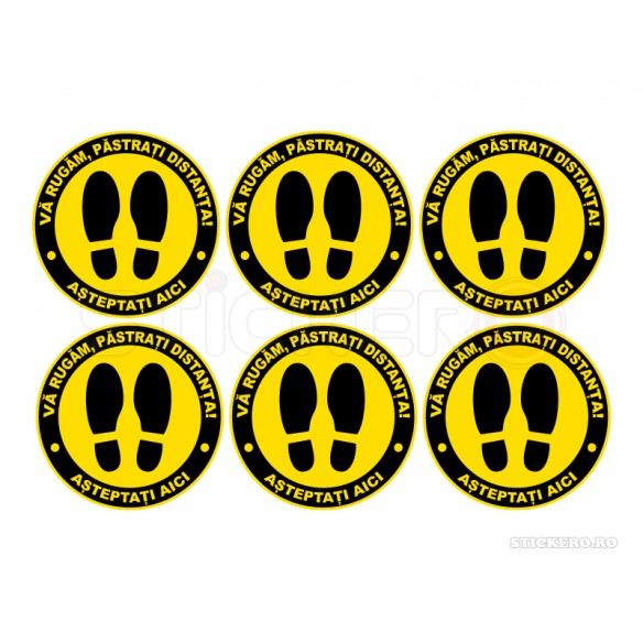 Sticker de protectie impotriva covid-19 - Va rugam, pastrati distanta - Set de 6 bucati stickere de podea