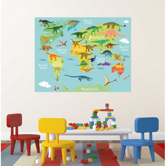 Sticker Harta lumii cu dinozauri