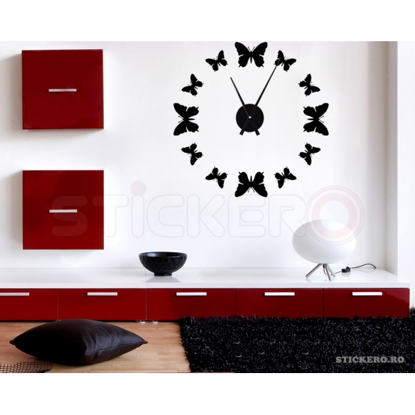 Ceas cu fluturi si mecanism- Sticker decorativ, 90cmx90 cm