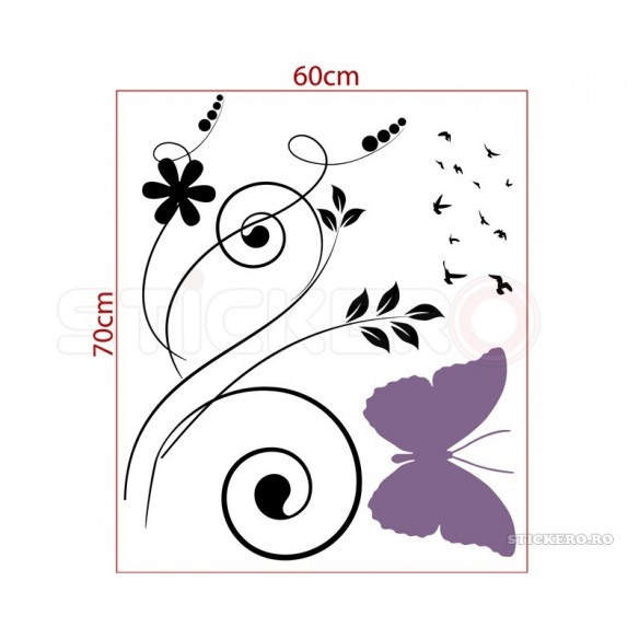 Floare cu fluturas si pasari - sticker decorativ