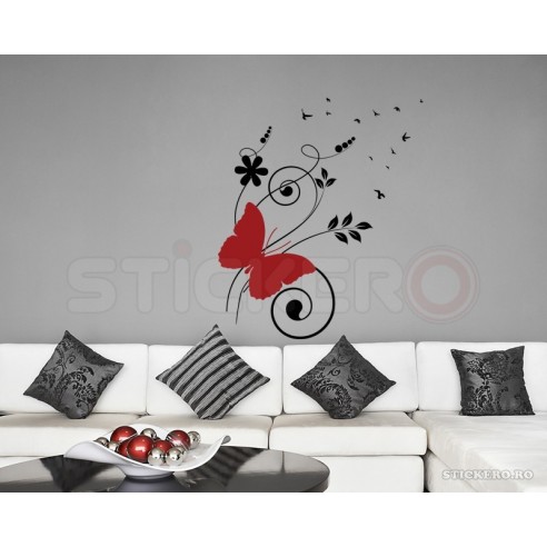 Floare cu fluturas si pasari - sticker decorativ