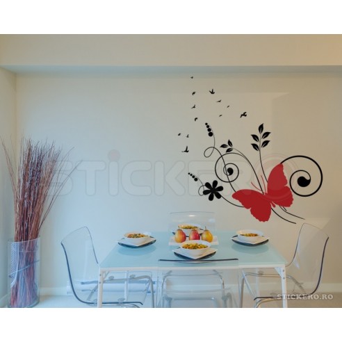 Floare cu fluturas si pasari - sticker decorativ