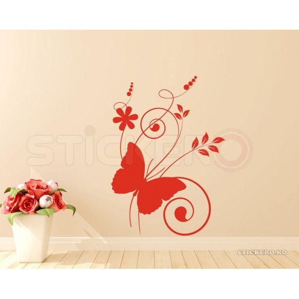 Floare cu fluturas si pasari - sticker decorativ