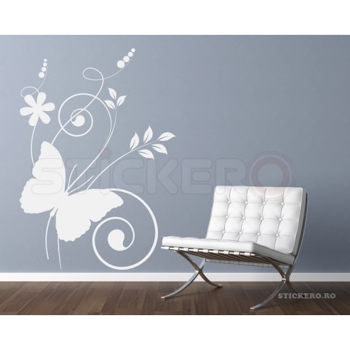 Floare cu fluturas si pasari - sticker decorativ